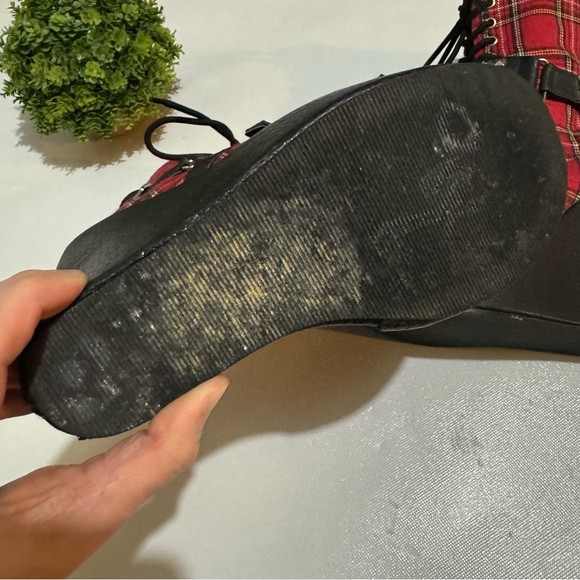 Demonic Red Plaid Tartan Wedge Peep Toe Lace Up Shoes Grunge Punk Gothic Size 7 - Picture 7 of 12